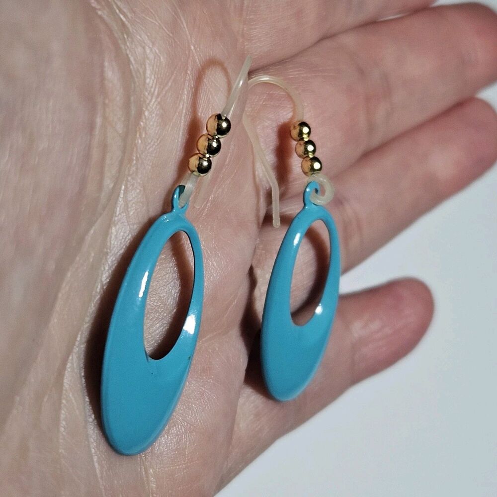 Blue Enamel Metal Dangling Ovals With Gold Bead Accent Earrings - Picture 3 of 11
